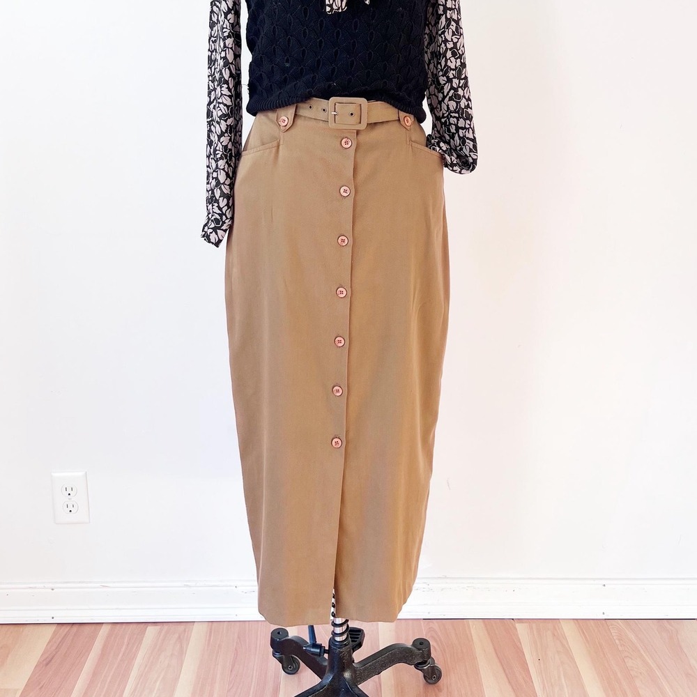 Minimalist Maxi Skirt Tan Button Front Belted High Waist Vintage USA 90s Size 10